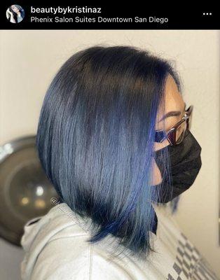 Black/blue color & angled haircut