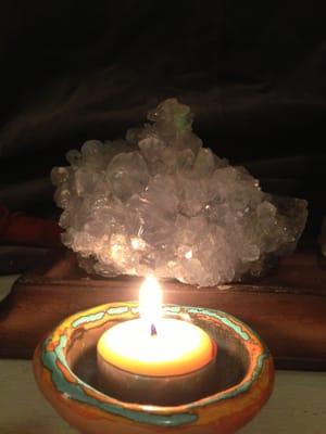 celestite crystal and beeswax candle