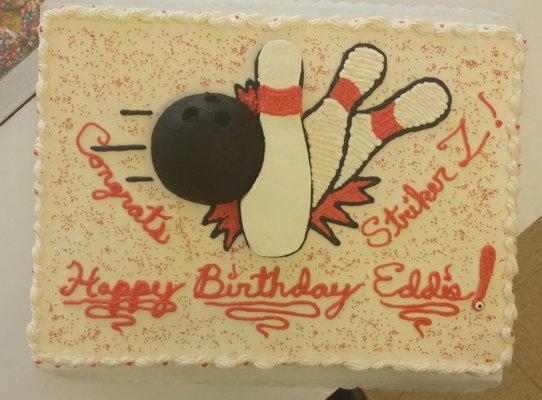 A 1/2 sheet 3D Bowling Ball Cake.  Happy Birthday Eddie!!!