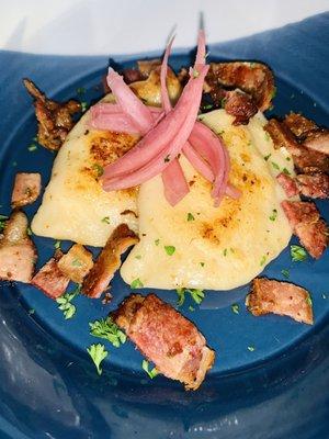 Potato and Cheese pierogis, Apple Bourbon Bacon, Pickled Onions