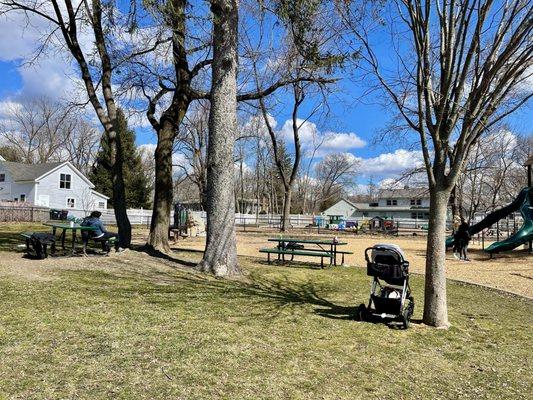 Picnic tables and benches.