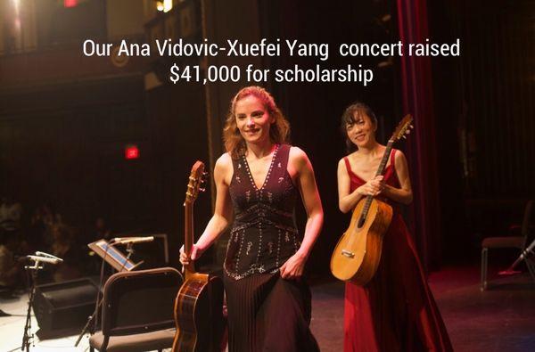 Ana Vidovic and Xuefei Yang leaving the stage after the EDM/fundraising concert at the Ebell theater in Los Angeles, September 2019