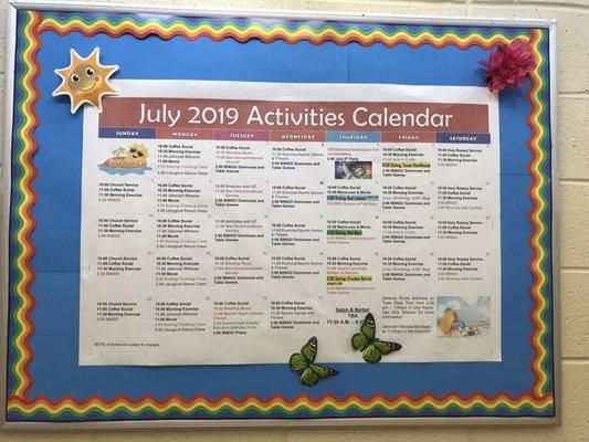 Activities calendar throughout the hallways. Also located inside each room.