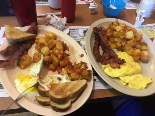 Eggs over easy and scrambled, home fries, toast and bacon. Delish! Best $6.95 ever spent!