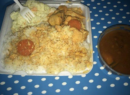 $5 plate. Boneless chicken, white rice w/beans on the side & potato salad.