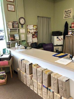 Our front desk with a selection of our grab bags.