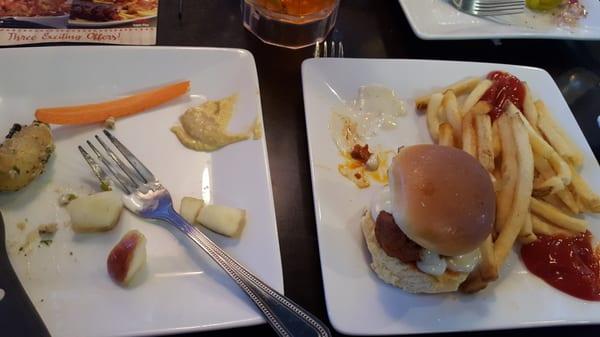 Buffalo sliders on the right. Hummus on left