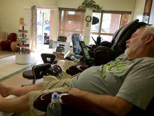 First time getting a pedicure he was so relaxed he took a nap.  Lol