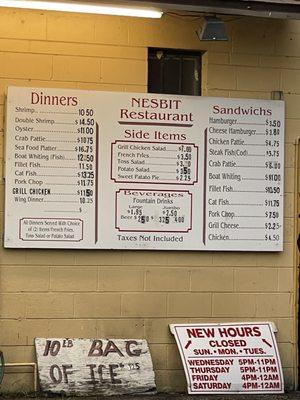 Menu and hours