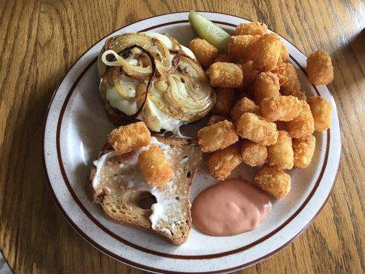 Patty melt & tator tots. SO good.  I thanked the chef, he said it was top grade angus beef, & the onions were perfect.