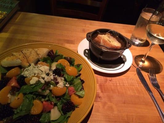 Pear and walnut salad, baked French onion soup and Pinot Grigio