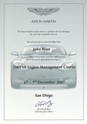 Aston Martin certificate of specialist training on DB9/V8 engine management course.