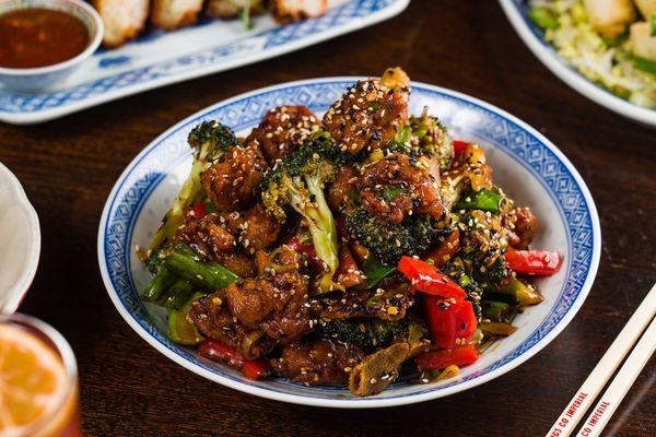 General Tso's Chicken, roasted broccoli, tangerine peel