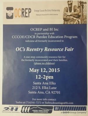 1st OC Reentry Resource Fair.  Tuesday May 12th at 12pm -2pm.  Santa Ana Elks 212 S. Elks Lane Santa Ana Ca, 92706