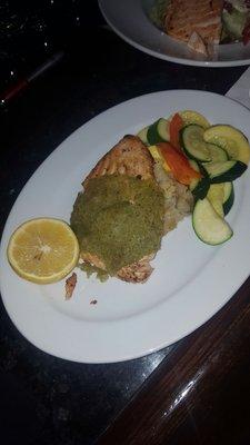 Pesto crusted salmon, veggies and potatoes