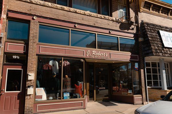 Outside view of the historic J. Robert's Menswear, a locally-owned men's clothing and tuxedo rental store in Elkhorn, WI