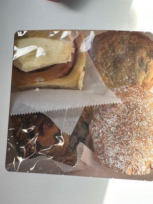 Cinnamon roll, Sticky bun, coffee cake and cookie.