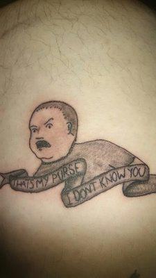 Tattoo of a black and grey rendition of Bobby Hill's classic "That's my purse! I don't know you!" from King of the Hill