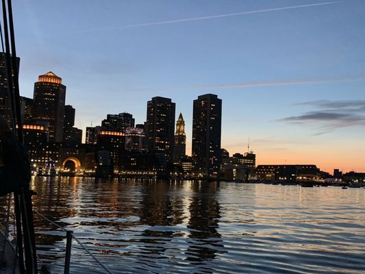 Twilight Skies over the city of Boston. The Schooner Adirondack III. In Boston