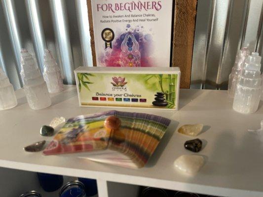 We  have books candles crystals oils and offer different types of tarot card readings like our chakra Oracle cards