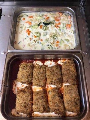 Eggplant rollatini and tortellini alfredo on our steam table on Tuesday's !