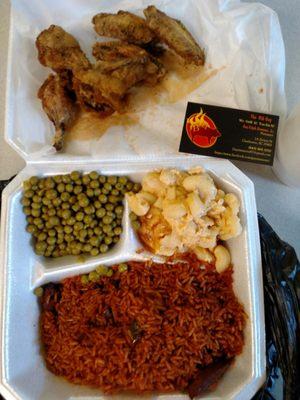 Lemon Pepper wings, red rice, Mac n cheese, sweet peas!