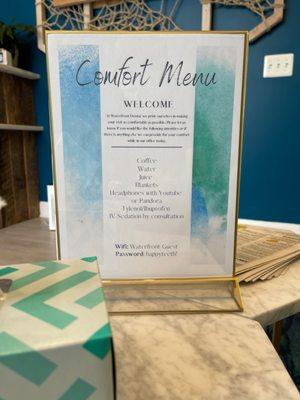 Complimentary Comfort Menu