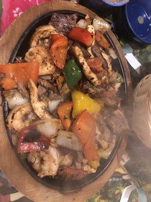 Texansas fajitas - Chicken, Beef and Very large Shrimp!  Also upgraded and added Carnitas to the mix!