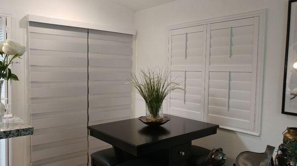 Zebra shades with Plantation Shutters.
Great Combo for Sliding Door and Window.