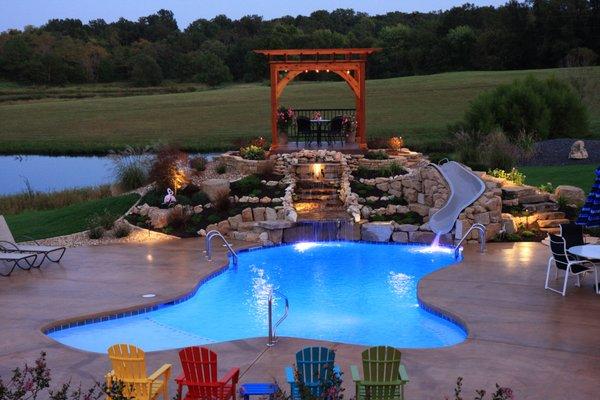 Free form gunite pool designed and built by us.