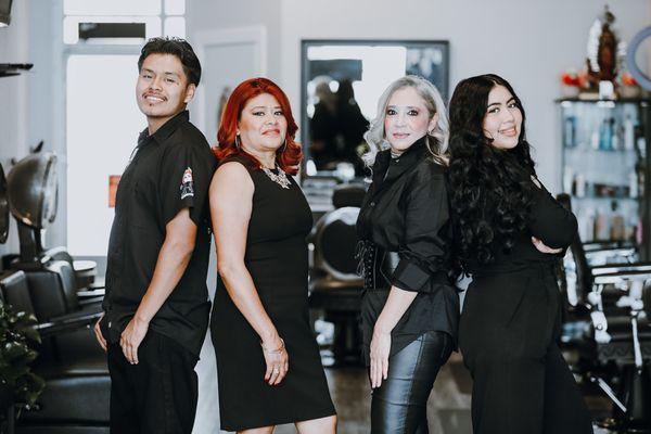 Your favorite team  Left to right : Jesus (Barber), Christy (Cosmetologist), Martha ( Cosmetologist), Ivy (Esthetician)