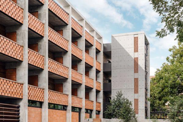 Balconies at the Carpenter Hotel in Austin, TX. Adaptive reuse, new building architect, and interior design.