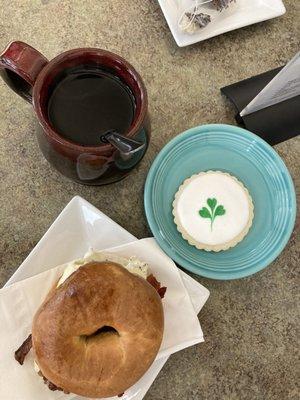 Breakfast sandwich, charity cookie, basic training tea