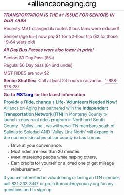 Transportation MST bus reduced fares for seniors program!