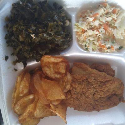 Fish  Collard Greens Coleslaw Homemade Mesquite Chips