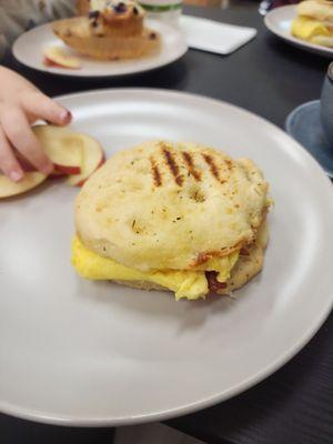 Breakfast sandwich on focaccia.