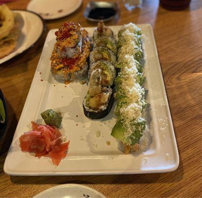 Volcano roll, shrimp tempura, Courtney roll