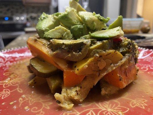 Vegan food:  zucchini, squash, quinoa, sweet potato, eggplant, avocado and Broccoli