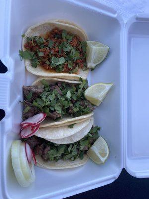 One chorizo taco and two arrachera tacos (no onions).