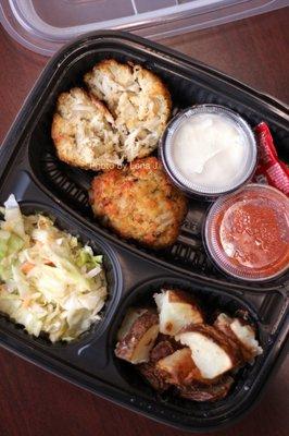 Chesapeake Personal Meal Box ($26.99) - Jumbo lump Maryland crab cake with roasted potatoes, coleslaw, cocktail and tartar sauces