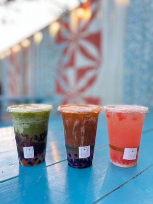 L-R: Matcha Guava Berry, Ube Thai Tea, Strawberry Lychee Coconut (all so yummy!)