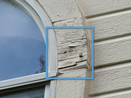 Moisture damage on exterior trim.