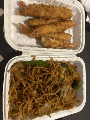 5 Fried Jumbo Shrimp with lo mein.