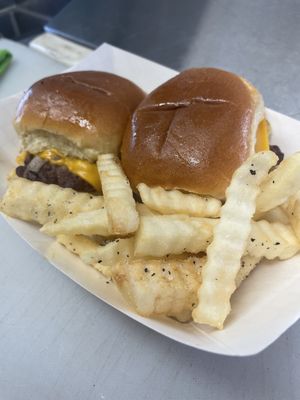 Two sliders and our new French fries from the Heavy Burgers food truck in Albuquerque.