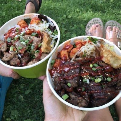 Pork bulgogi (left), kalbi (right) bowl. Comes with side salad, bean sprouts, mandoo, and daily side! Today was kimchee radish. So yummy!