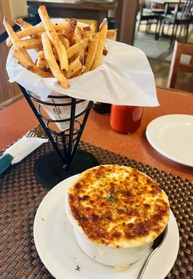 French Onion au Gratin with a side of fries