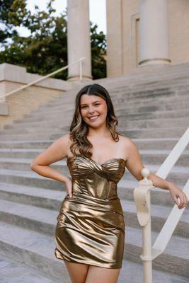 Gold Sherri Hill strapless metallic dress