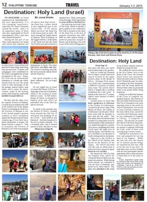 PHILIPPINE TRIBUNE JAN 1 - 7,  2015 ISSUE: TRAVEL PAGE: DESTINATION -  ISRAEL (HOLY LAND PART 4)  BY JANE STARK