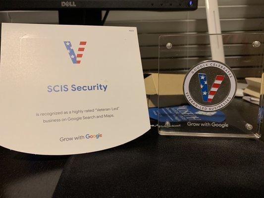 Google award for highly rated Veteran owned business for SCIS Security.