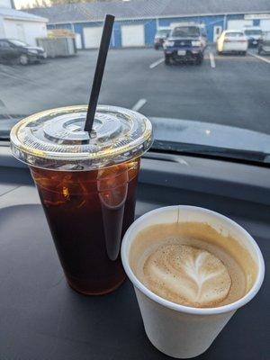 Large cold brew and flat white with oat milk